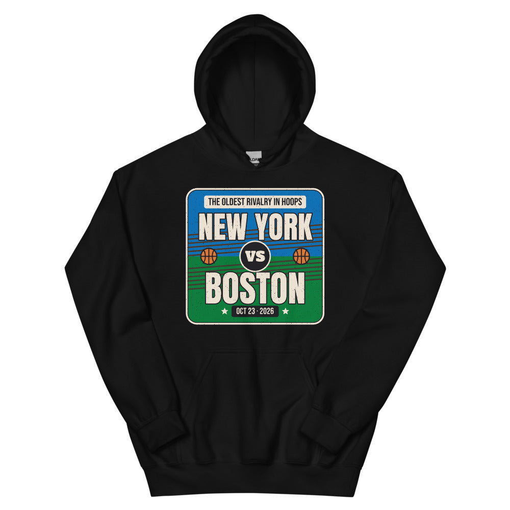 New York vs. Boston Rivalry 2026 Unisex Hoodie in black, design printed on the front, front view