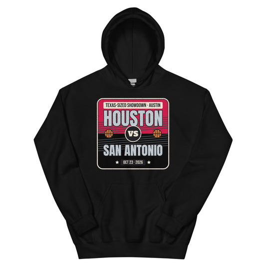Houston vs. San Antonio Showdown 2026 Unisex Hoodie in black, design printed on the front, front view