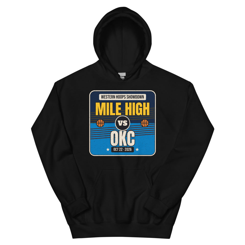 Mile High vs. OKC Showdown 2026 Unisex Hoodie in black, design printed on the front, front view