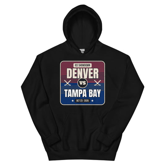 Denver vs. Tampa Bay Showdown 2026 Unisex Hoodie in black, design printed on the front, front view