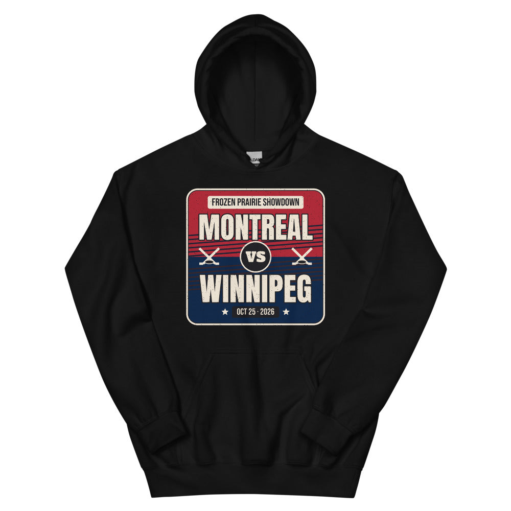 Montreal vs. Winnipeg Outdoor Hockey 2026 Unisex Hoodie in black, design printed on the front, front view