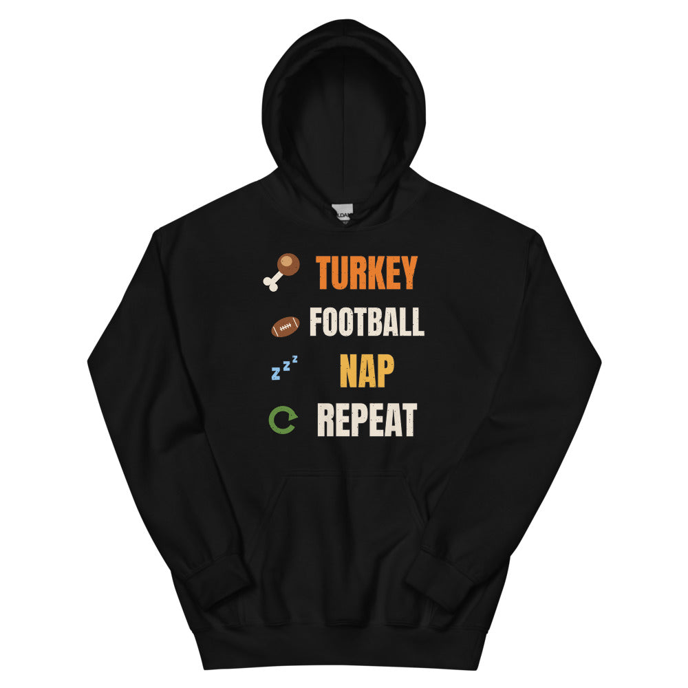Turkey Football Nap Repeat Unisex Hoodie in black, design printed on the front, front view