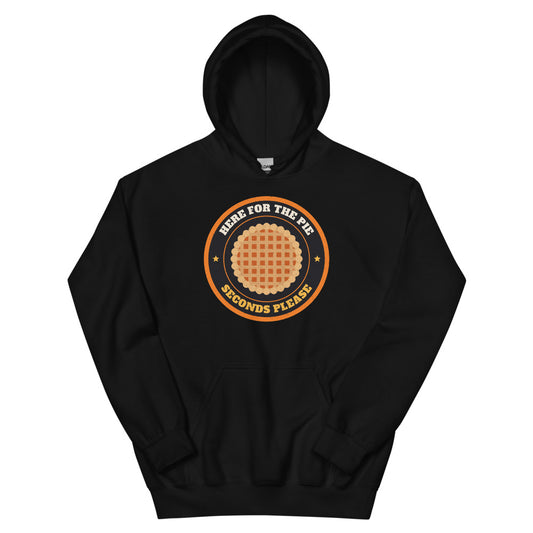 Here for the Pie Unisex Hoodie in black, design printed on the front, front view