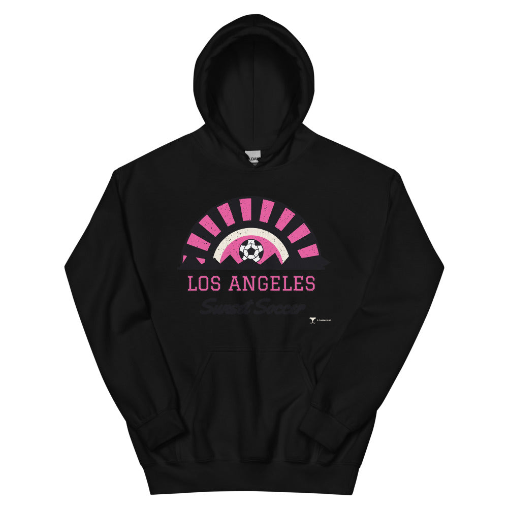 Los Angeles Sunset Soccer Unisex Hoodie in black, design printed on the front, front view