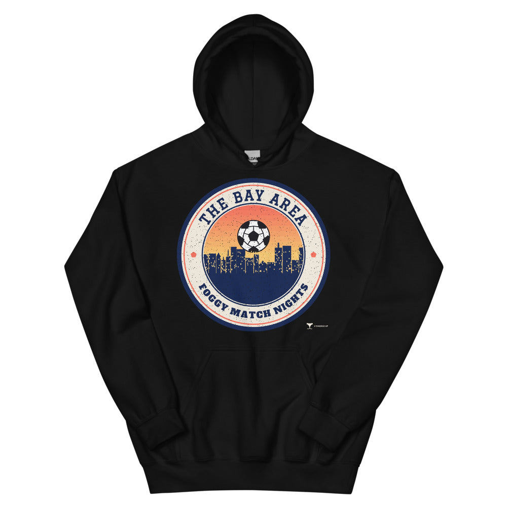 Bay Area Foggy Match Nights Unisex Hoodie in black, design printed on the front, front view