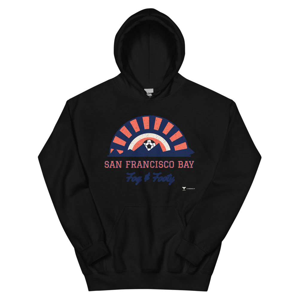 San Francisco Bay Fog & Footy Unisex Hoodie in black, design printed on the front, front view