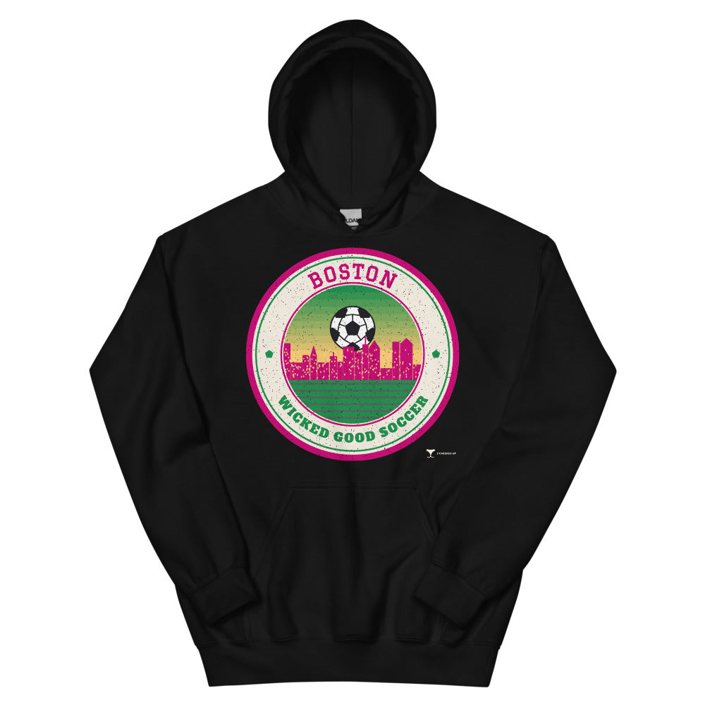 Boston Wicked Good Soccer Unisex Hoodie in black, design printed on the front, front view