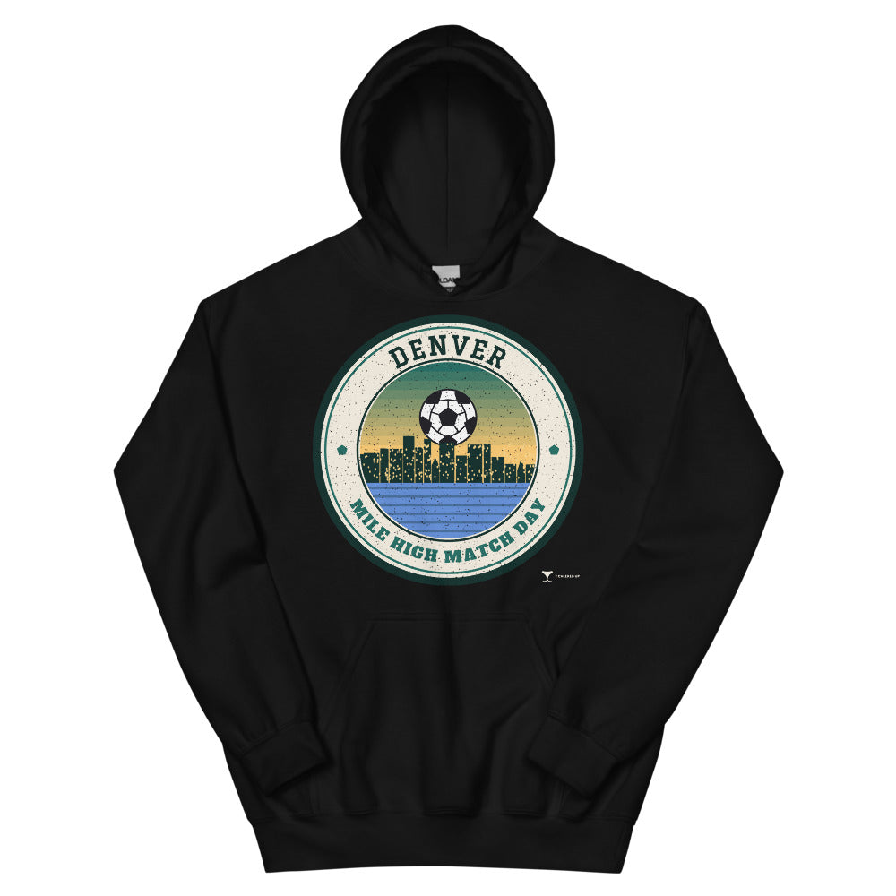 Denver Mile High Match Day Unisex Hoodie in black, design printed on the front, front view