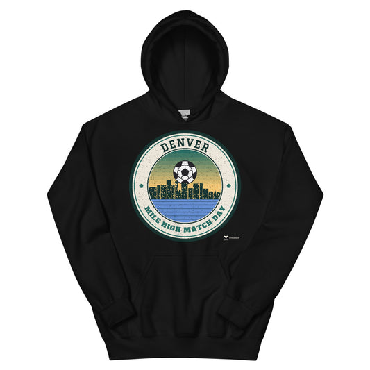 Denver Mile High Match Day Unisex Hoodie in black, design printed on the front, front view