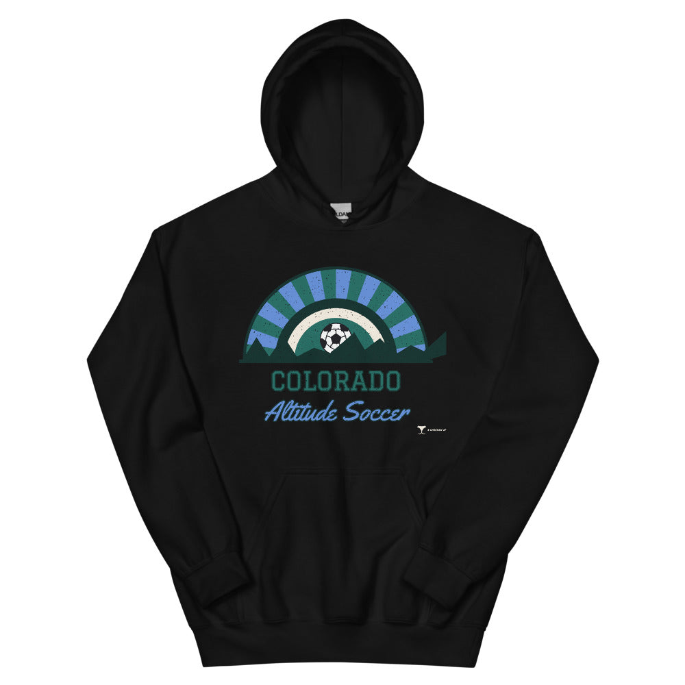 Colorado Altitude Soccer Unisex Hoodie in black, design printed on the front, front view