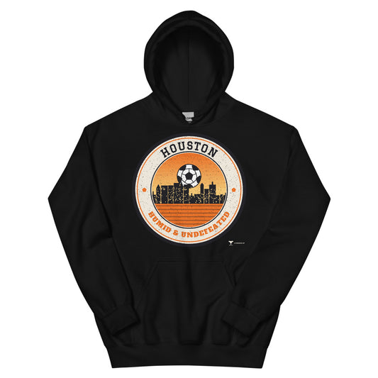 Houston Humid & Undefeated Unisex Hoodie in black, design printed on the front, front view