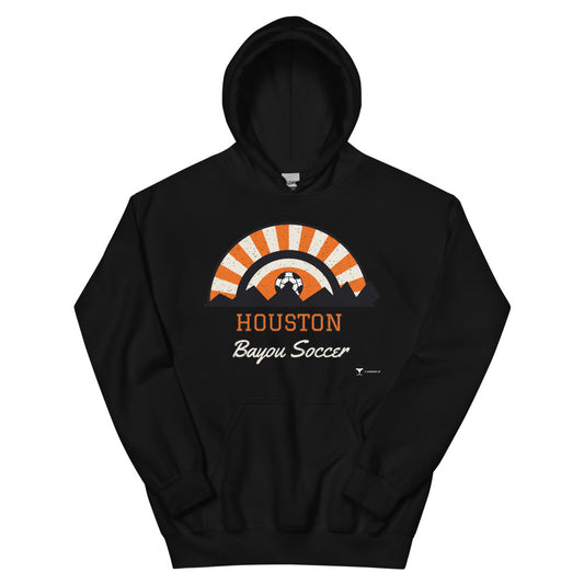 Houston Bayou Soccer Unisex Hoodie in black, design printed on the front, front view