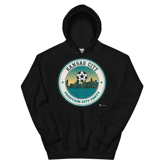Kansas City Fountain City Footy Unisex Hoodie in black, design printed on the front, front view