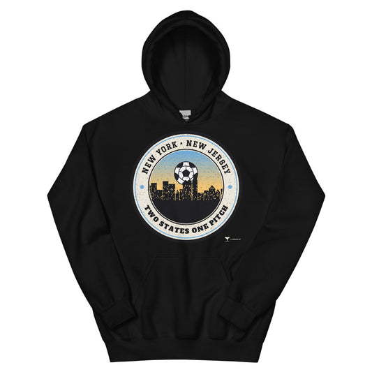 NY NJ Two States One Pitch Unisex Hoodie in black, design printed on the front, front view