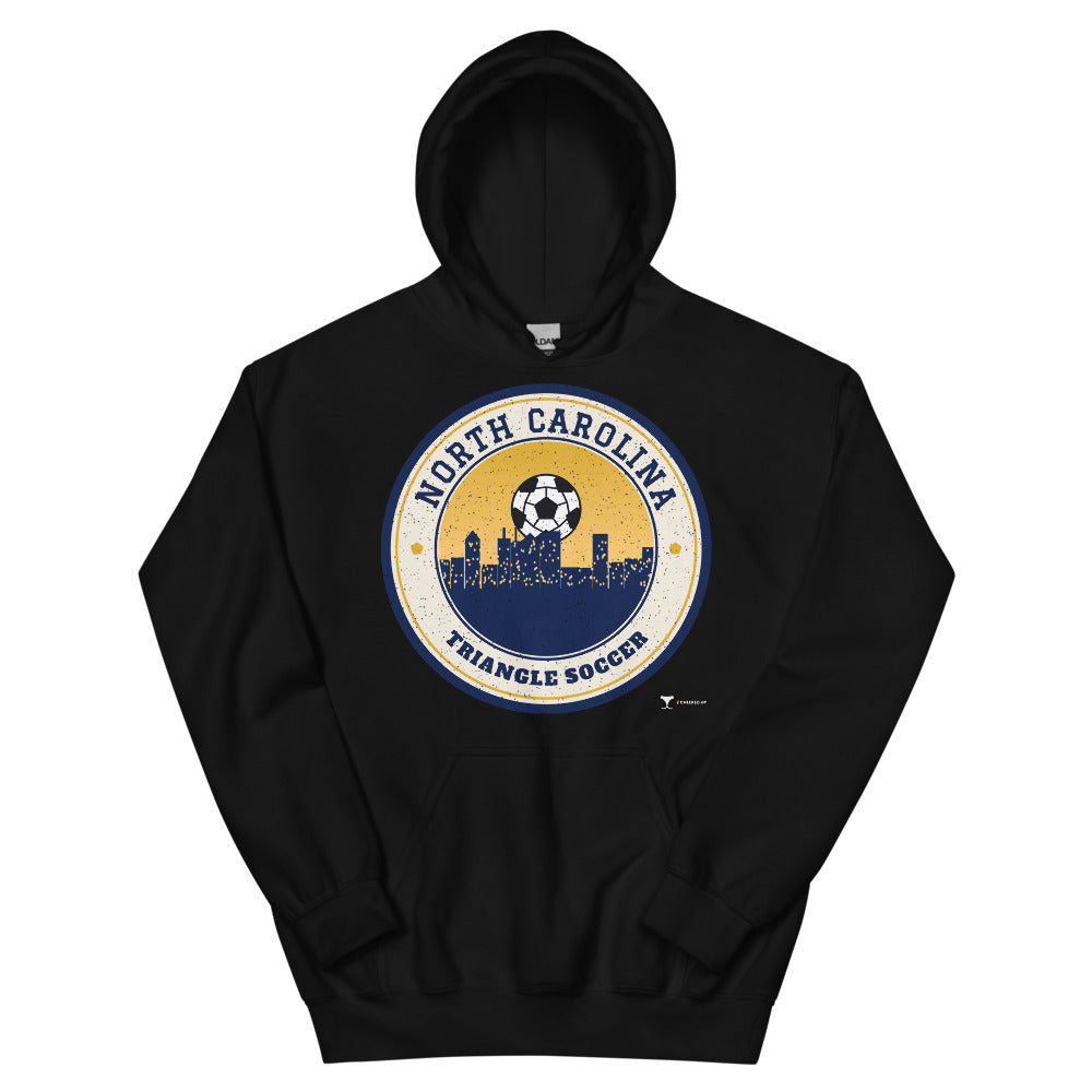 North Carolina Triangle Soccer Unisex Hoodie in black, design printed on the front, front view