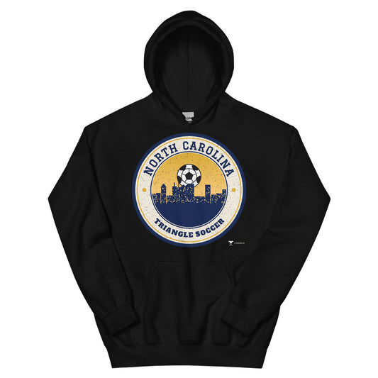North Carolina Triangle Soccer Unisex Hoodie in black, design printed on the front, front view