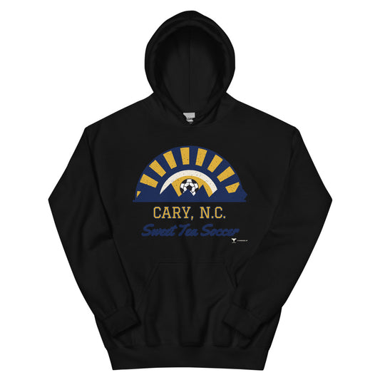 Cary, N.C. Sweet Tea Soccer Unisex Hoodie in black, design printed on the front, front view