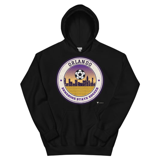 Orlando Sunshine State Soccer Unisex Hoodie in black, design printed on the front, front view