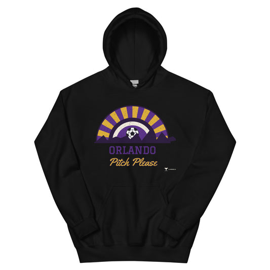 Orlando Pitch Please Unisex Hoodie in black, design printed on the front, front view