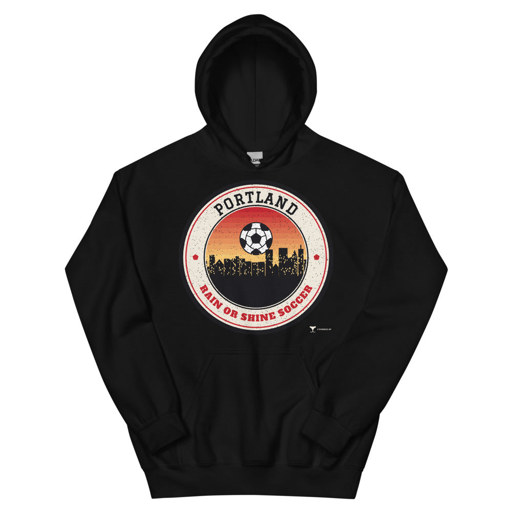Portland Rain or Shine Soccer Unisex Hoodie in black, design printed on the front, front view