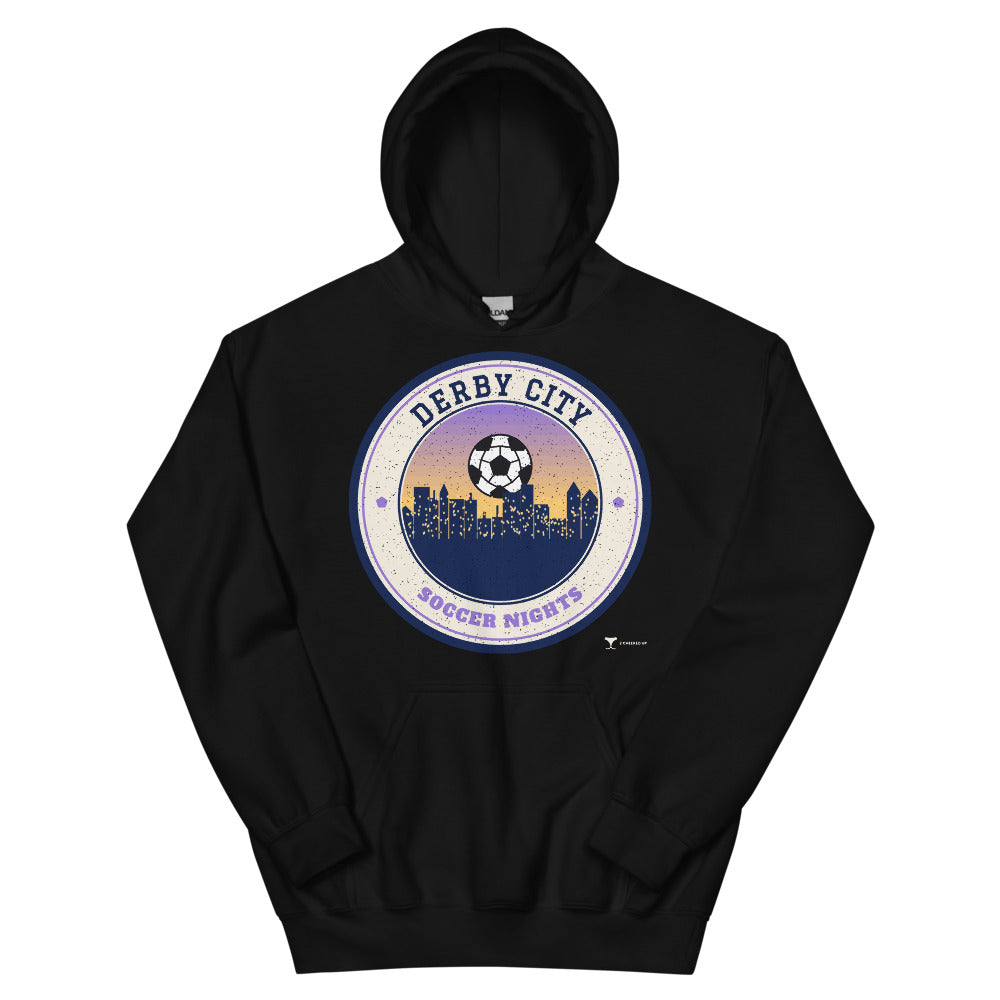 Derby City Soccer Nights Unisex Hoodie in black, design printed on the front, front view