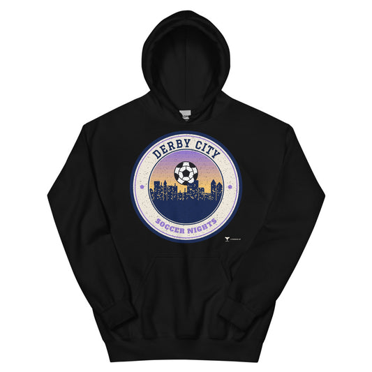 Derby City Soccer Nights Unisex Hoodie in black, design printed on the front, front view