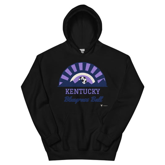 Kentucky Bluegrass Ball Unisex Hoodie in black, design printed on the front, front view