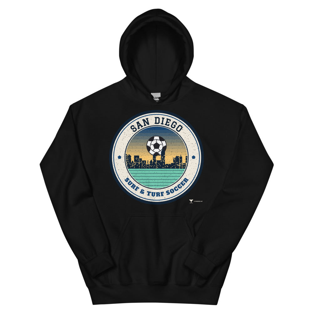San Diego Surf & Turf Soccer Unisex Hoodie in black, design printed on the front, front view