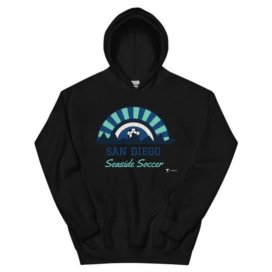 San Diego Seaside Soccer Unisex Hoodie in black, design printed on the front, front view