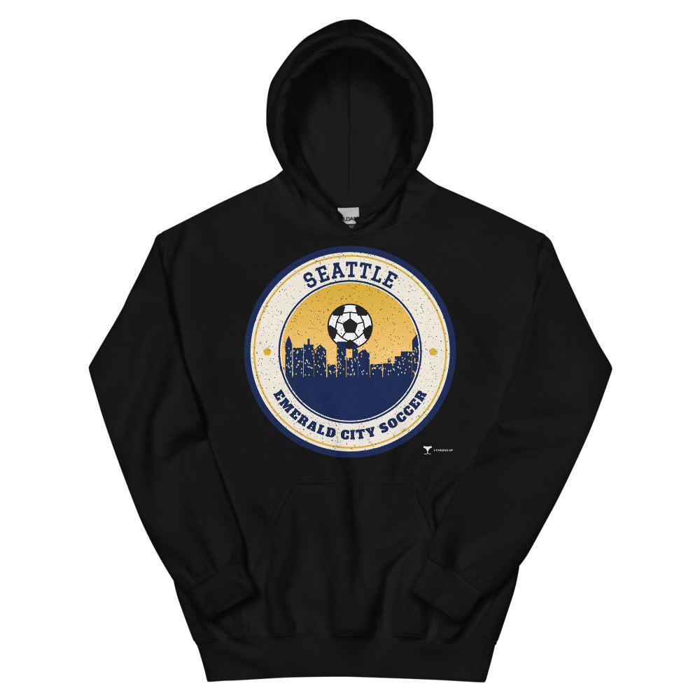 Seattle Emerald City Soccer Unisex Hoodie in black, design printed on the front, front view