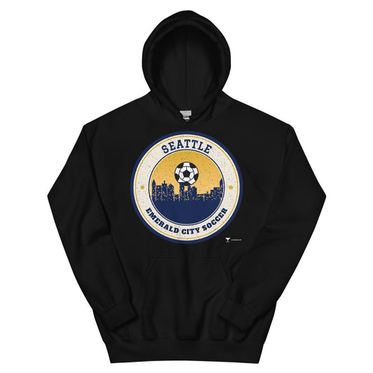 Seattle Emerald City Soccer Unisex Hoodie in black, design printed on the front, front view