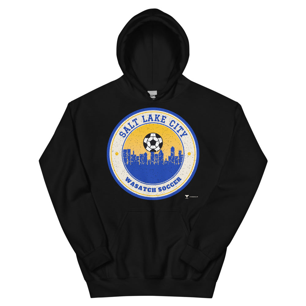 Salt Lake City Wasatch Soccer Unisex Hoodie in black, design printed on the front, front view