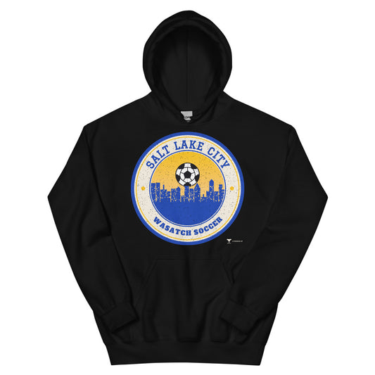 Salt Lake City Wasatch Soccer Unisex Hoodie in black, design printed on the front, front view