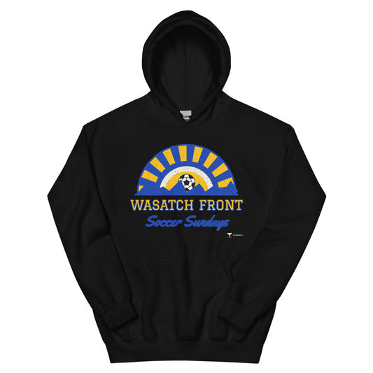 Wasatch Front Soccer Sundays Unisex Hoodie in black, design printed on the front, front view