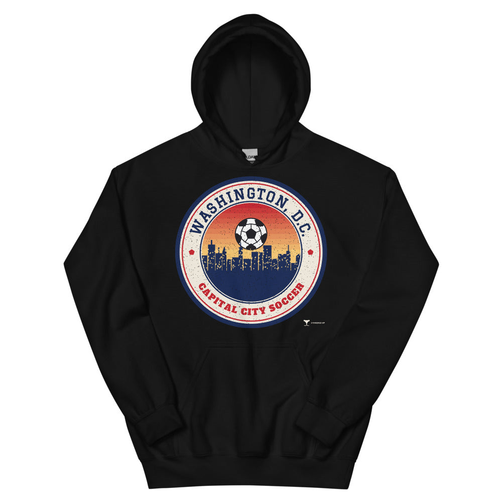 Washington, D.C. Capital City Soccer Unisex Hoodie in black, design printed on the front, front view
