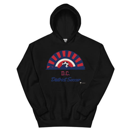 D.C. District Soccer Unisex Hoodie in black, design printed on the front, front view