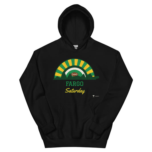 Fargo Saturday Unisex Hoodie in black, design printed on the front, front view