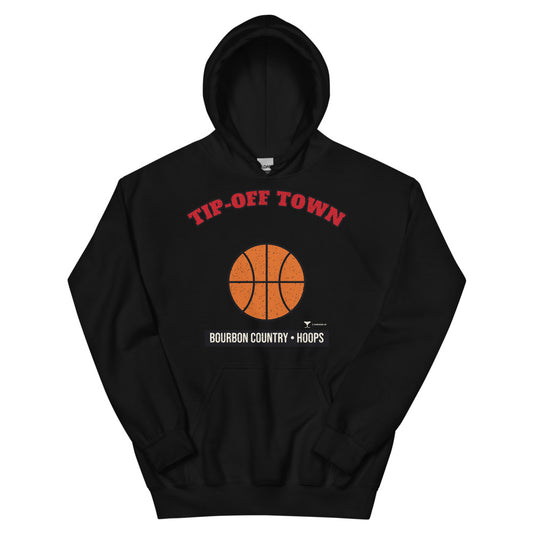 Bourbon Country Tip-Off Town Unisex Hoodie in black, design printed on the front, front view