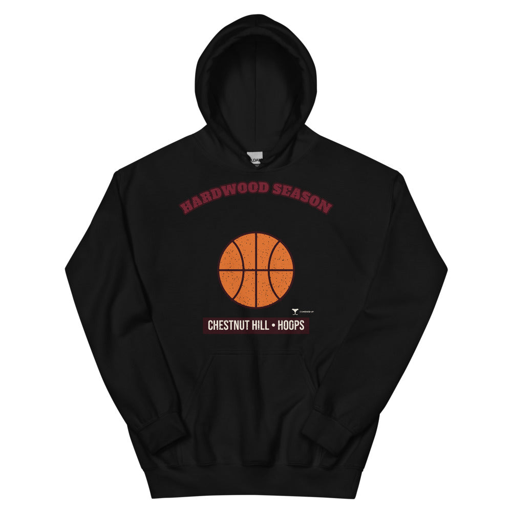 Chestnut Hill Hardwood Season Unisex Hoodie in black, design printed on the front, front view