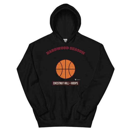 Chestnut Hill Hardwood Season Unisex Hoodie in black, design printed on the front, front view