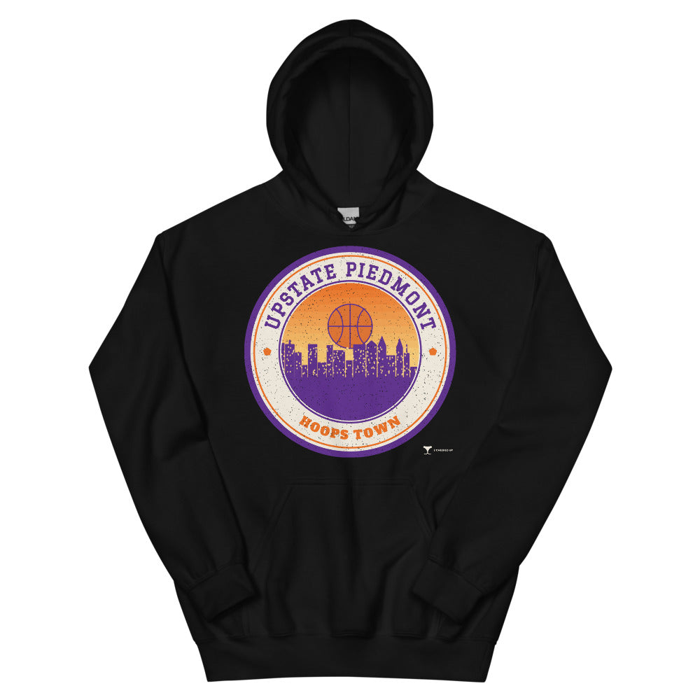 Upstate Piedmont Hoops Town Unisex Hoodie in black, design printed on the front, front view