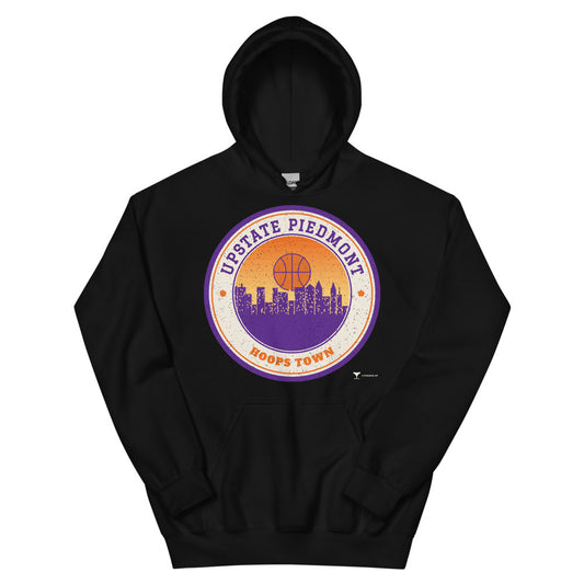 Upstate Piedmont Hoops Town Unisex Hoodie in black, design printed on the front, front view