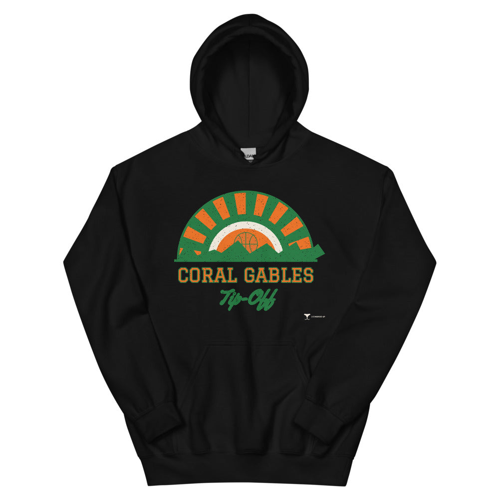 Coral Gables Tip-Off Unisex Hoodie in black, design printed on the front, front view