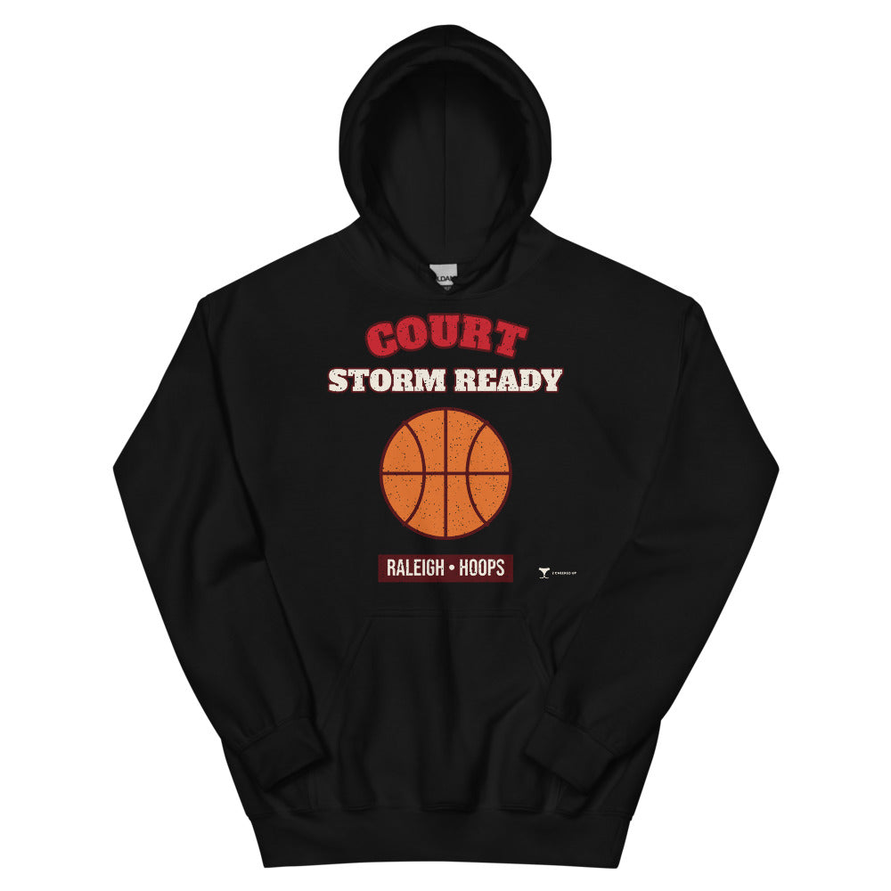 Raleigh Court Storm Ready Unisex Hoodie in black, design printed on the front, front view