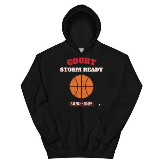 Raleigh Court Storm Ready Unisex Hoodie in black, design printed on the front, front view