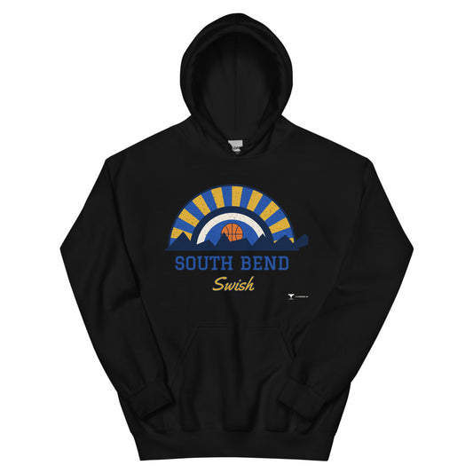 South Bend Swish Unisex Hoodie in black, design printed on the front, front view
