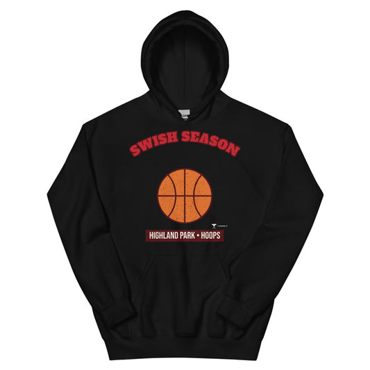 Highland Park Swish Season Unisex Hoodie in black, design printed on the front, front view
