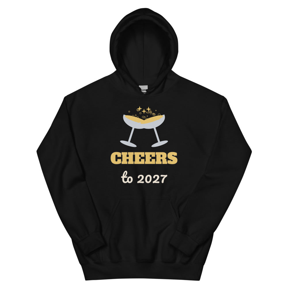 Cheers to 2027 Unisex Hoodie in black, design printed on the front, front view
