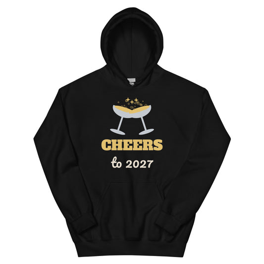 Cheers to 2027 Unisex Hoodie in black, design printed on the front, front view