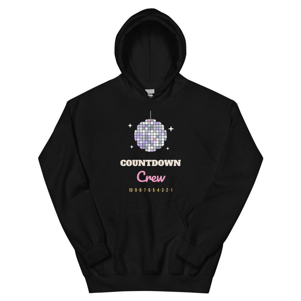 Countdown Crew Unisex Hoodie in black, design printed on the front, front view